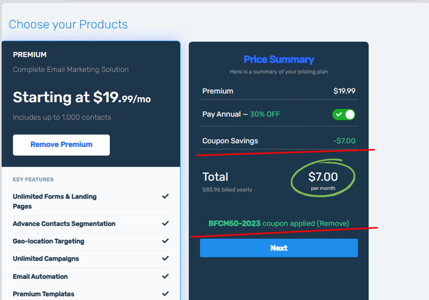 MailMunch coupon code screenshot showing code BFCM50-2023 applied at MailMunch checkout page. Uploaded by SimplyCodes community member paola49520 on Aug 26, 2025