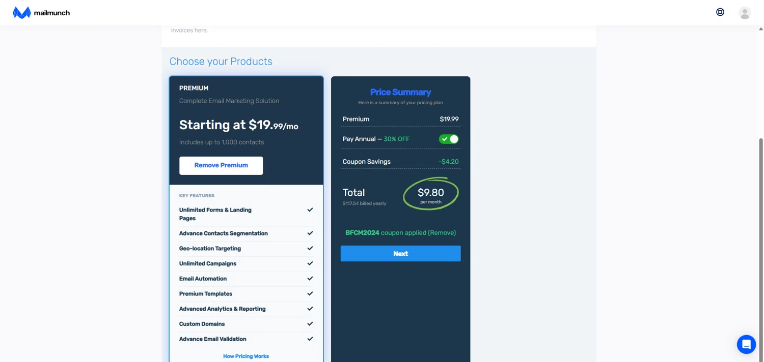 MailMunch coupon code screenshot showing code BFCM2024 applied at MailMunch checkout page. Uploaded by SimplyCodes community member ivantorres on Sep 27, 2025