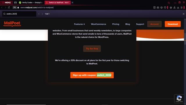 MailPoet checkout page showing MailPoet coupon code box | Screenshot taken by SimplyCodes community member on Mar 14, 2025
