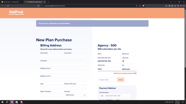 MailPoet checkout page showing MailPoet coupon code box | Screenshot taken by SimplyCodes community member on May 6, 2025
