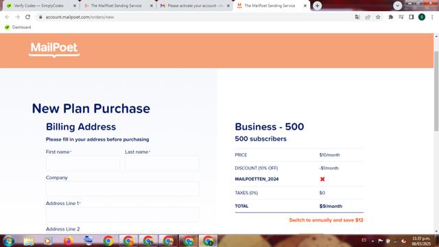MailPoet checkout page showing MailPoet coupon code box | Screenshot taken by SimplyCodes community member on Mar 9, 2025