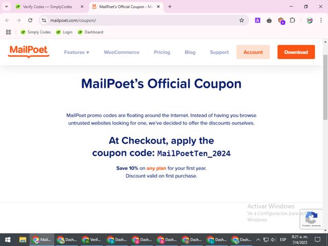 MailPoet checkout page showing MailPoet coupon code box | Screenshot taken by SimplyCodes community member on Apr 7, 2025