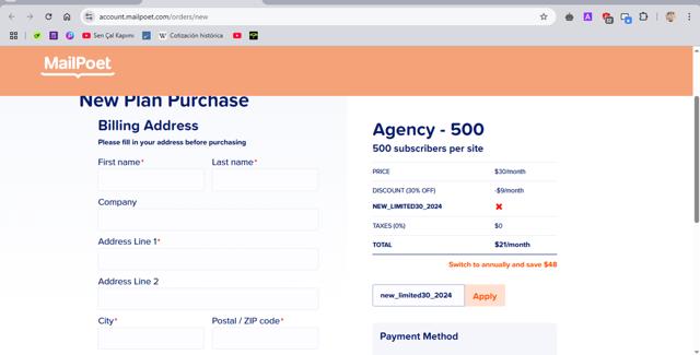 MailPoet checkout page showing MailPoet coupon code box | Screenshot taken by SimplyCodes community member on May 23, 2025
