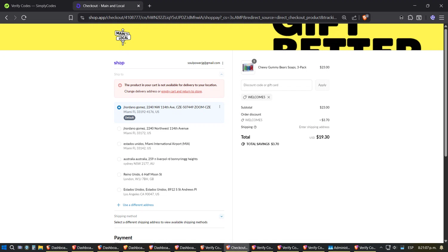 Main and Local promo code screenshot showing code WELCOME5 applied at Main and Local checkout page. Uploaded by SimplyCodes community member Amidamaru on Sep 9, 2025