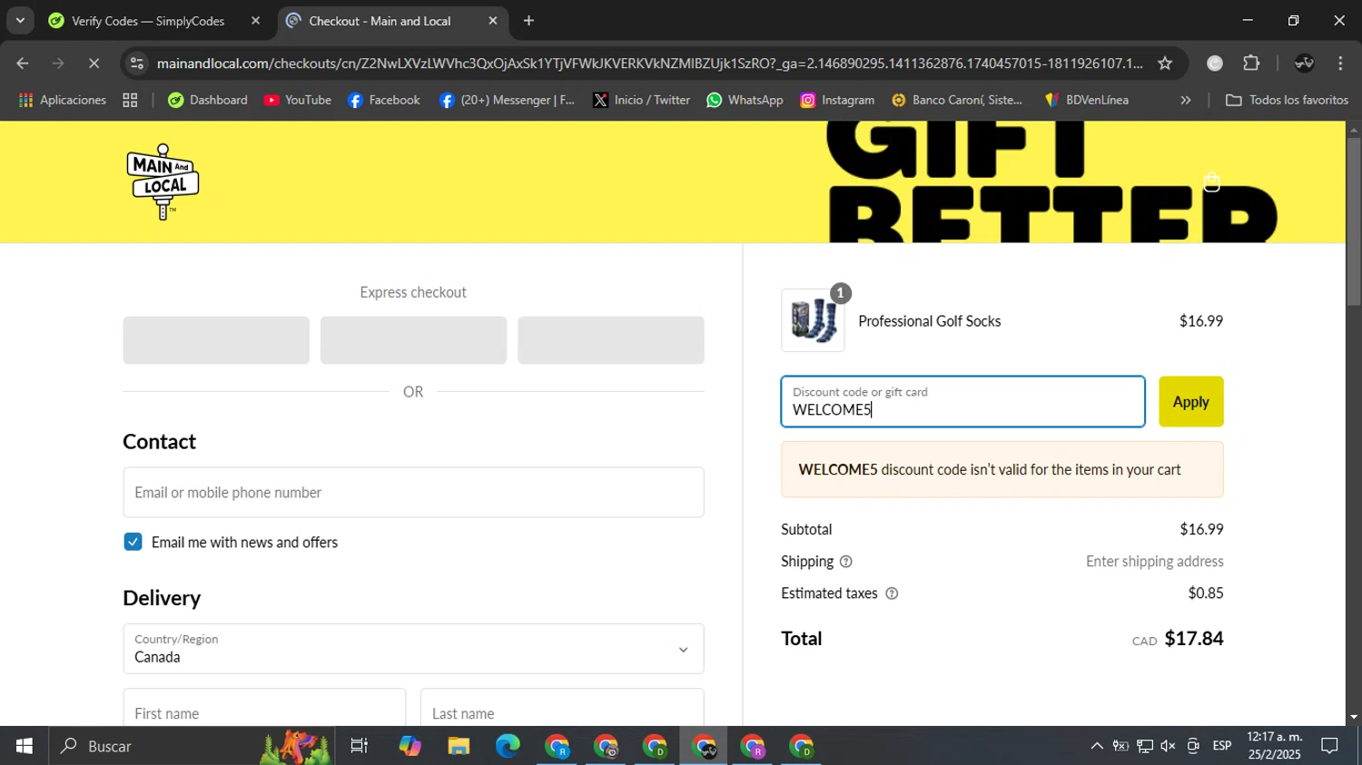 Main and Local promo code screenshot showing code WELCOME5 applied at Main and Local checkout page. Uploaded by SimplyCodes community member Ricardobr06 on Feb 25, 2025