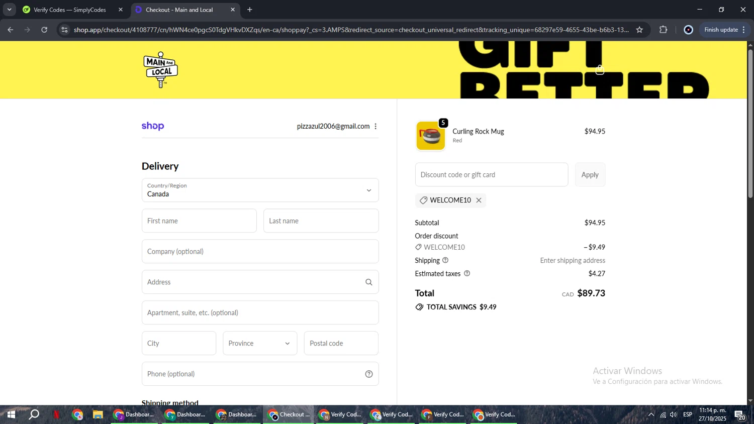 Main and Local promo code screenshot showing code WELCOME10 applied at Main and Local checkout page. Uploaded by SimplyCodes community member RoyalBoss4384 on Oct 28, 2025