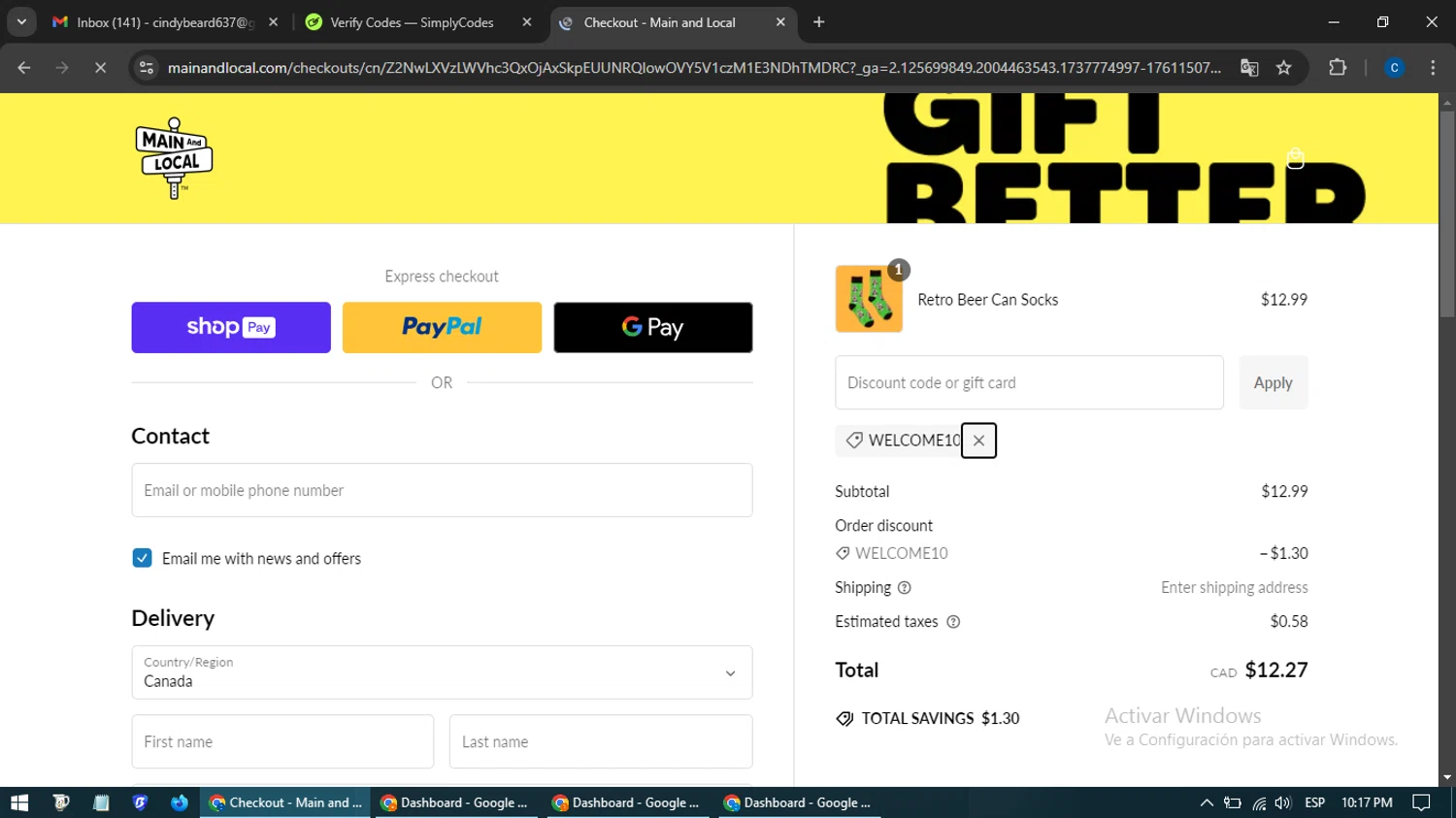 Main and Local promo code screenshot showing code WELCOME10 applied at Main and Local checkout page. Uploaded by SimplyCodes community member BargainExpert7605 on Jan 25, 2025