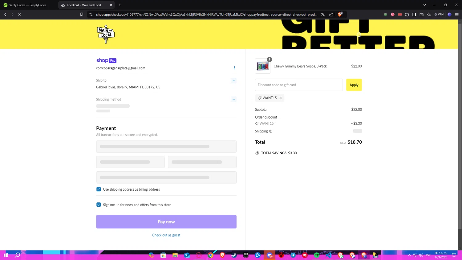 Main and Local promo code screenshot showing code WANT15 applied at Main and Local checkout page. Uploaded by SimplyCodes community member Nekiro on Jan 15, 2025