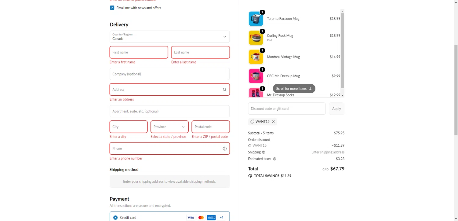 Main and Local promo code screenshot showing code WANT15 applied at Main and Local checkout page. Uploaded by SimplyCodes community member TreasureKnight4134 on Oct 28, 2025