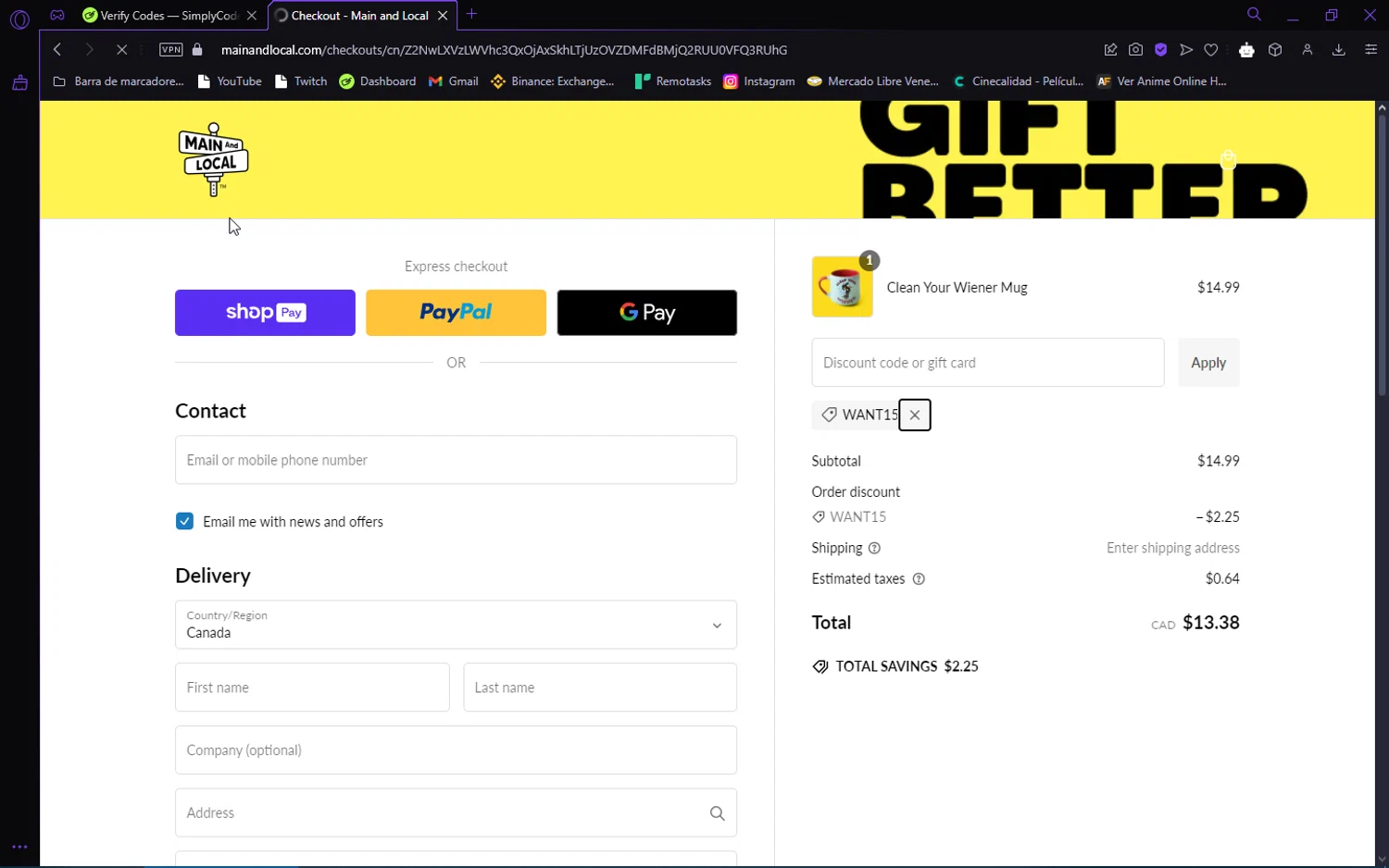 Main and Local promo code screenshot showing code WANT15 applied at Main and Local checkout page. Uploaded by SimplyCodes community member trinzo on Jan 15, 2025