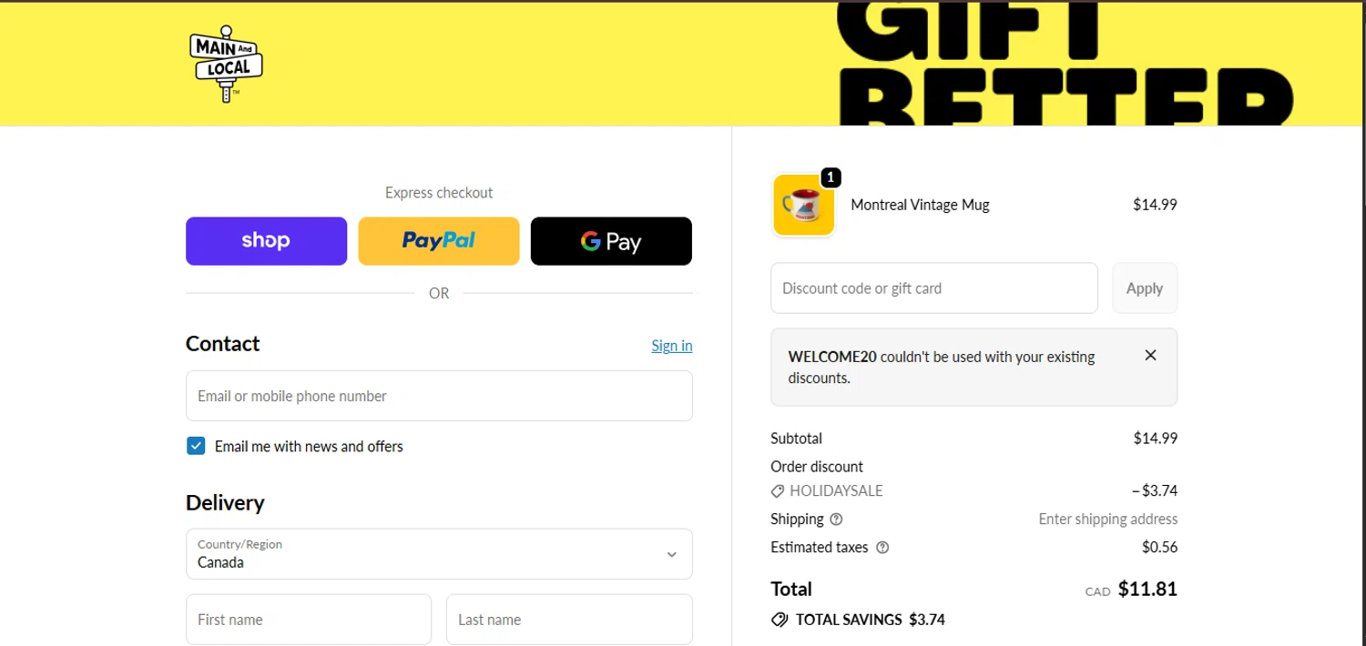 Main and Local promo code screenshot showing code WELCOME20 applied at Main and Local checkout page. Uploaded by SimplyCodes community member juanisaac on Jan 1, 2026