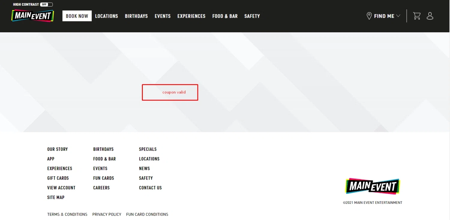 Main Event Entertainment checkout page showing Main Event Entertainment promo code box | Screenshot taken by SimplyCodes community member on May 2, 2021