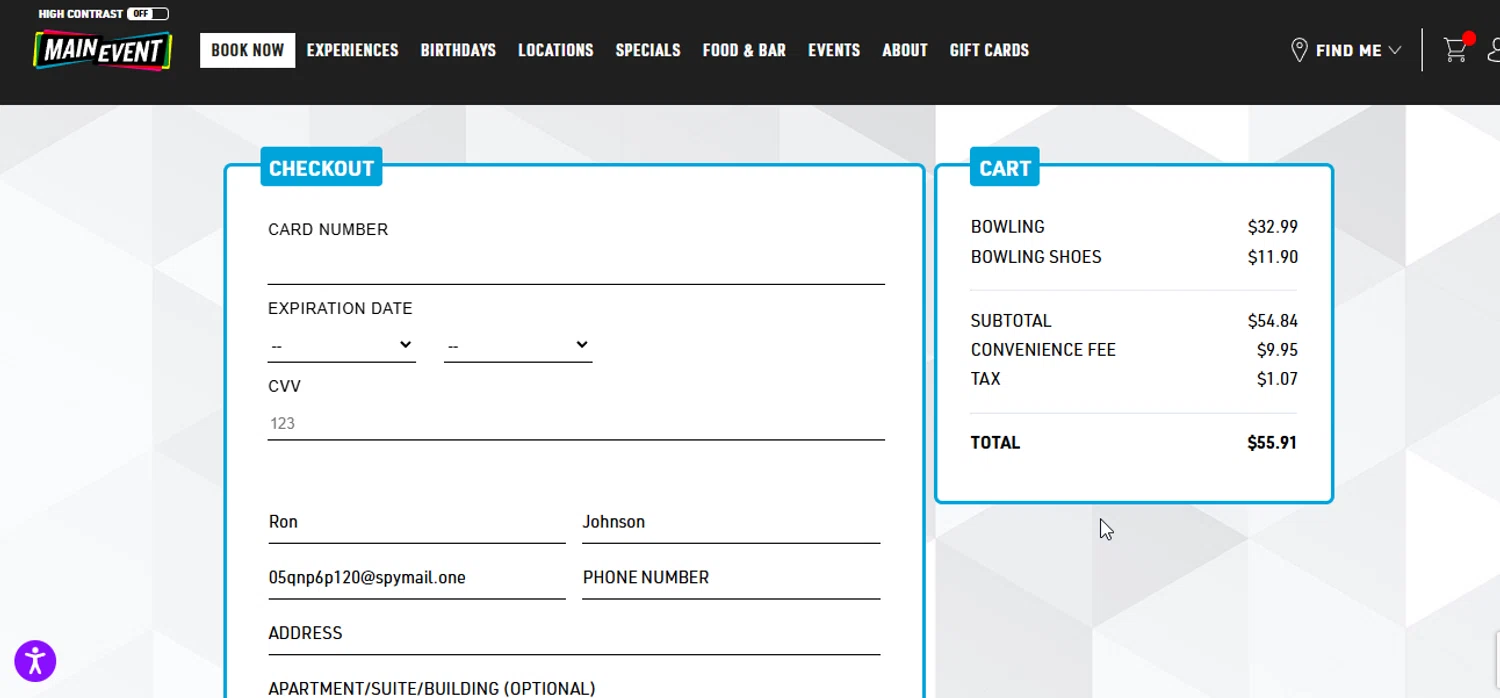 Main Event Entertainment promo code screenshot showing code BDAY4U applied at Main Event Entertainment checkout page. Uploaded by SimplyCodes community member SimplyCVerlie on Feb 14, 2025
