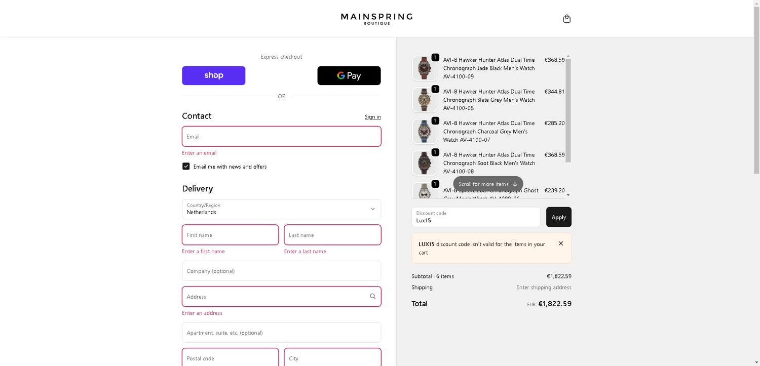 Mainspring Boutique discount code screenshot showing code Lux15 applied at Mainspring Boutique checkout page. Uploaded by SimplyCodes community member aver_136263192 on Oct 8, 2025