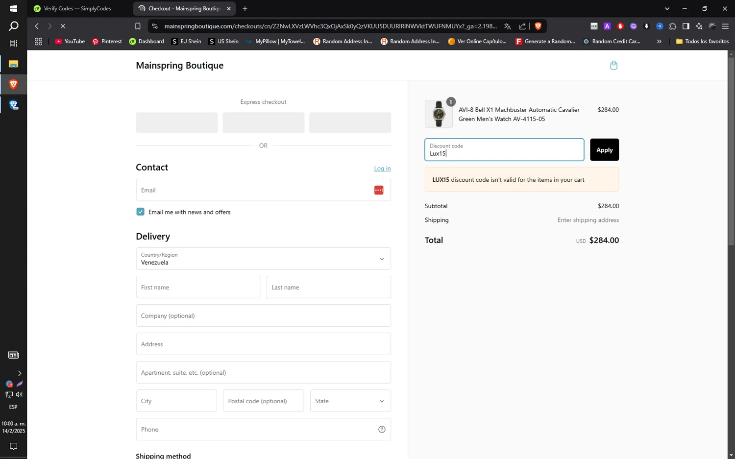 Mainspring Boutique discount code screenshot showing code Lux15 applied at Mainspring Boutique checkout page. Uploaded by SimplyCodes community member ilarrazaM1 on Feb 14, 2025