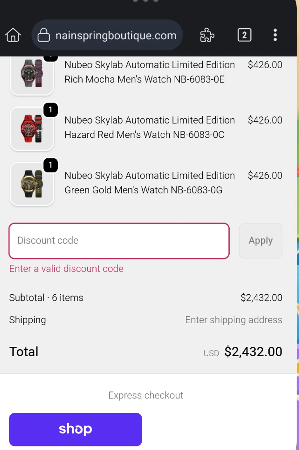 Mainspring Boutique discount code screenshot showing code Nubeo15 applied at Mainspring Boutique checkout page. Uploaded by SimplyCodes community member ExtraordinaryMaestro4194 on Sep 19, 2025