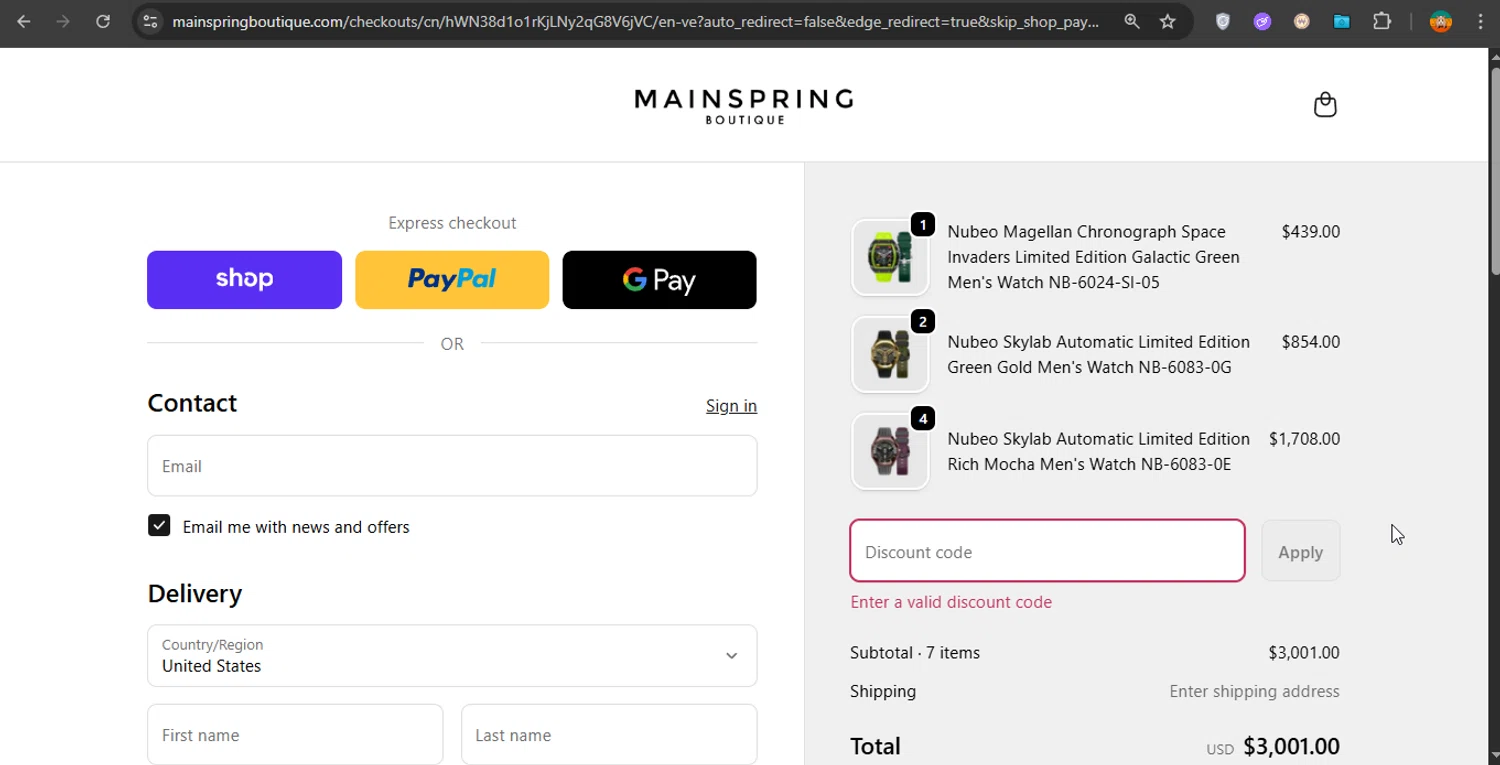 Mainspring Boutique discount code screenshot showing code Nubeo15 applied at Mainspring Boutique checkout page. Uploaded by SimplyCodes community member PrimeShopper6600 on Sep 19, 2025
