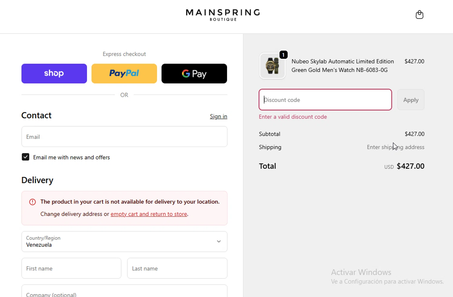 Mainspring Boutique discount code screenshot showing code Nubeo15 applied at Mainspring Boutique checkout page. Uploaded by SimplyCodes community member VictoriousElite9587 on Sep 19, 2025
