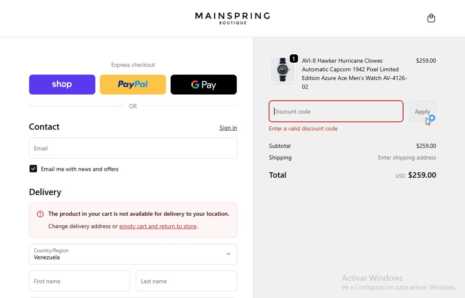 Mainspring Boutique discount code screenshot showing code CAPCOM15 applied at Mainspring Boutique checkout page. Uploaded by SimplyCodes community member BudgetGuardian5712 on Jan 15, 2026
