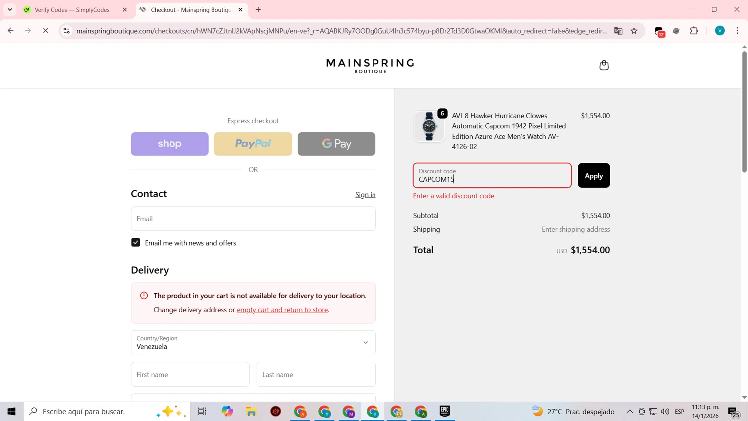 Mainspring Boutique discount code screenshot showing code CAPCOM15 applied at Mainspring Boutique checkout page. Uploaded by SimplyCodes community member lyffytaro on Jan 15, 2026