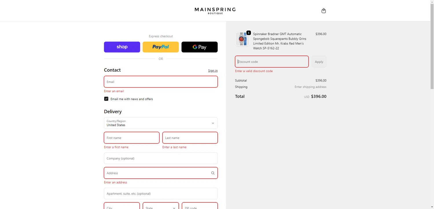 Mainspring Boutique discount code screenshot showing code boxingday15 applied at Mainspring Boutique checkout page. Uploaded by SimplyCodes community member NobleMaestro6498 on Dec 31, 2025