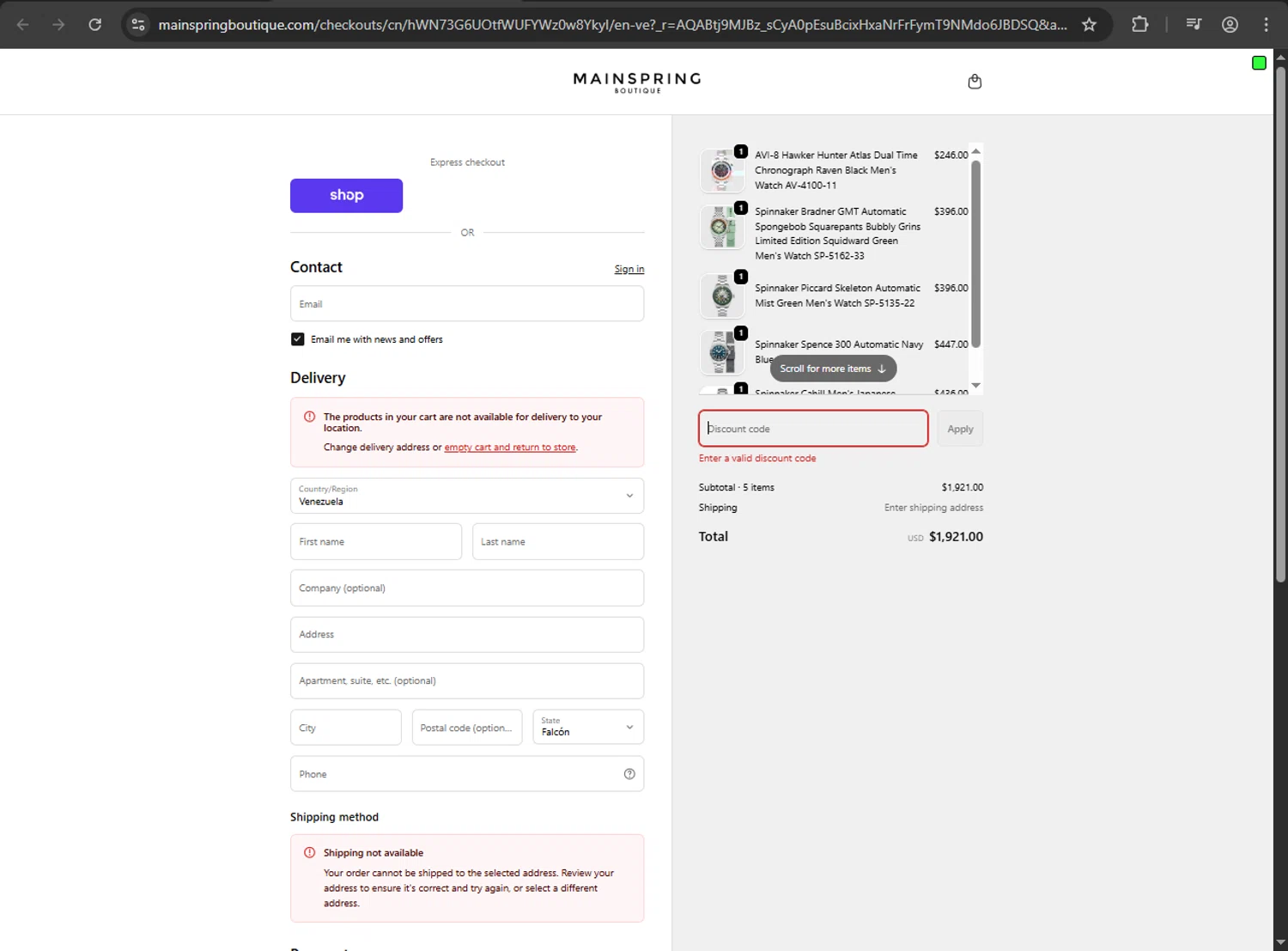 Mainspring Boutique discount code screenshot showing code boxingday15 applied at Mainspring Boutique checkout page. Uploaded by SimplyCodes community member kaiser2 on Dec 31, 2025