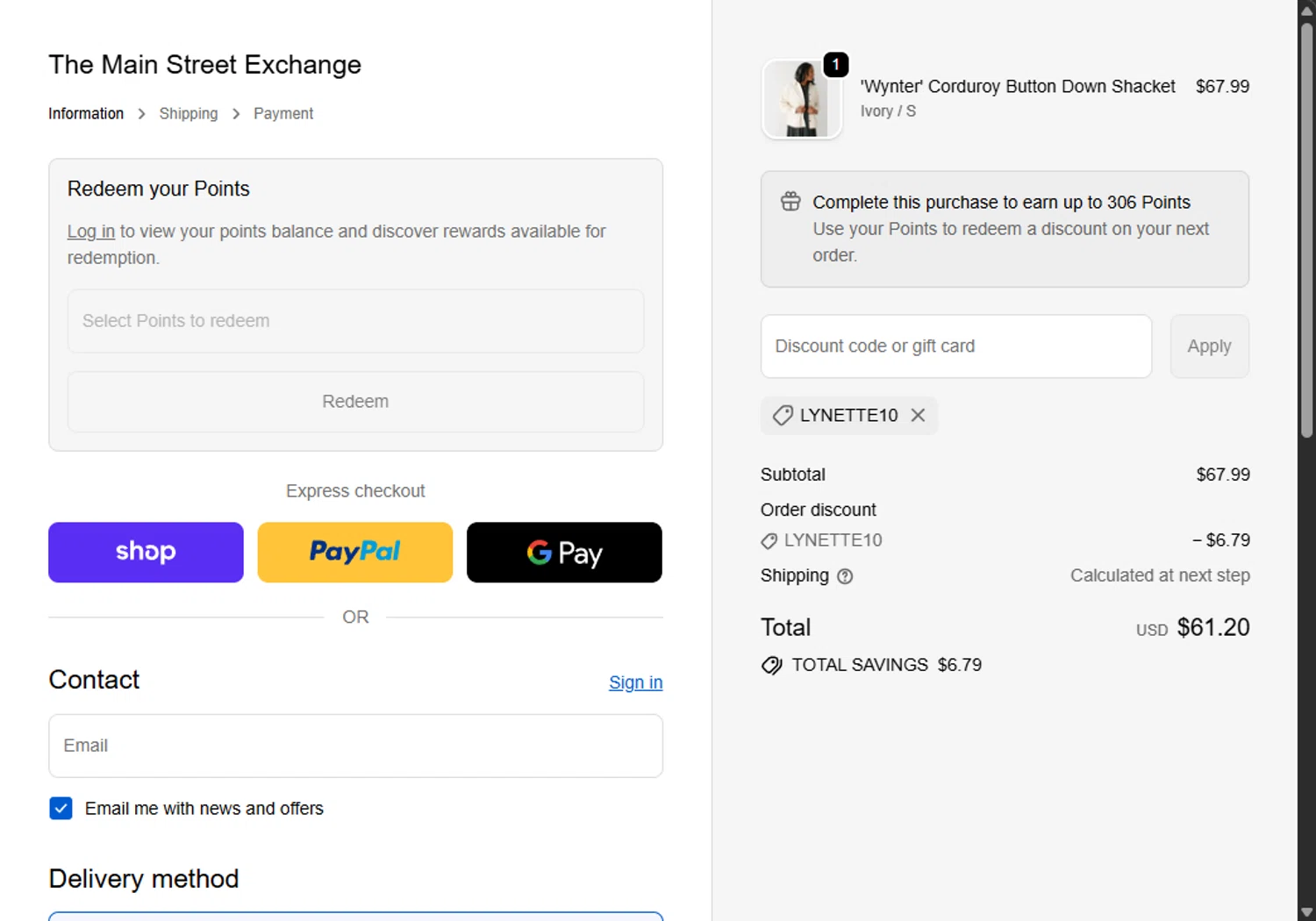 Main Street Exchange coupon code screenshot showing code LYNETTE10 applied at Main Street Exchange checkout page. Uploaded by SimplyCodes community member Santi_ago on Dec 6, 2025