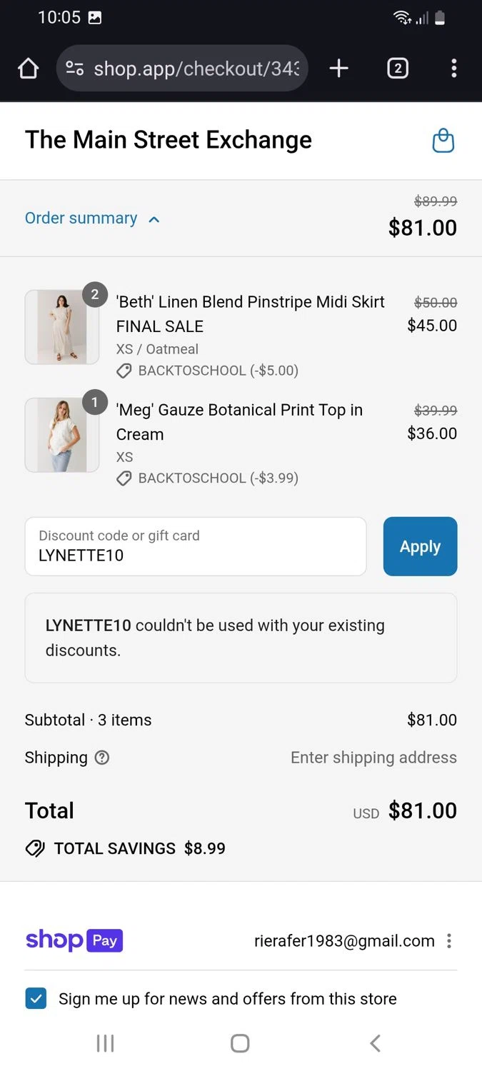 Main Street Exchange coupon code screenshot showing code LYNETTE10 applied at Main Street Exchange checkout page. Uploaded by SimplyCodes community member tulioriera on Aug 10, 2025