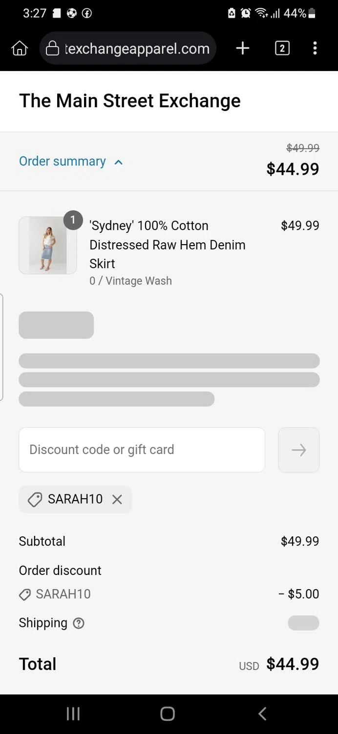 Main Street Exchange coupon code screenshot showing code SARAH10 applied at Main Street Exchange checkout page. Uploaded by SimplyCodes community member GloriousMaestro4930 on Jun 22, 2025