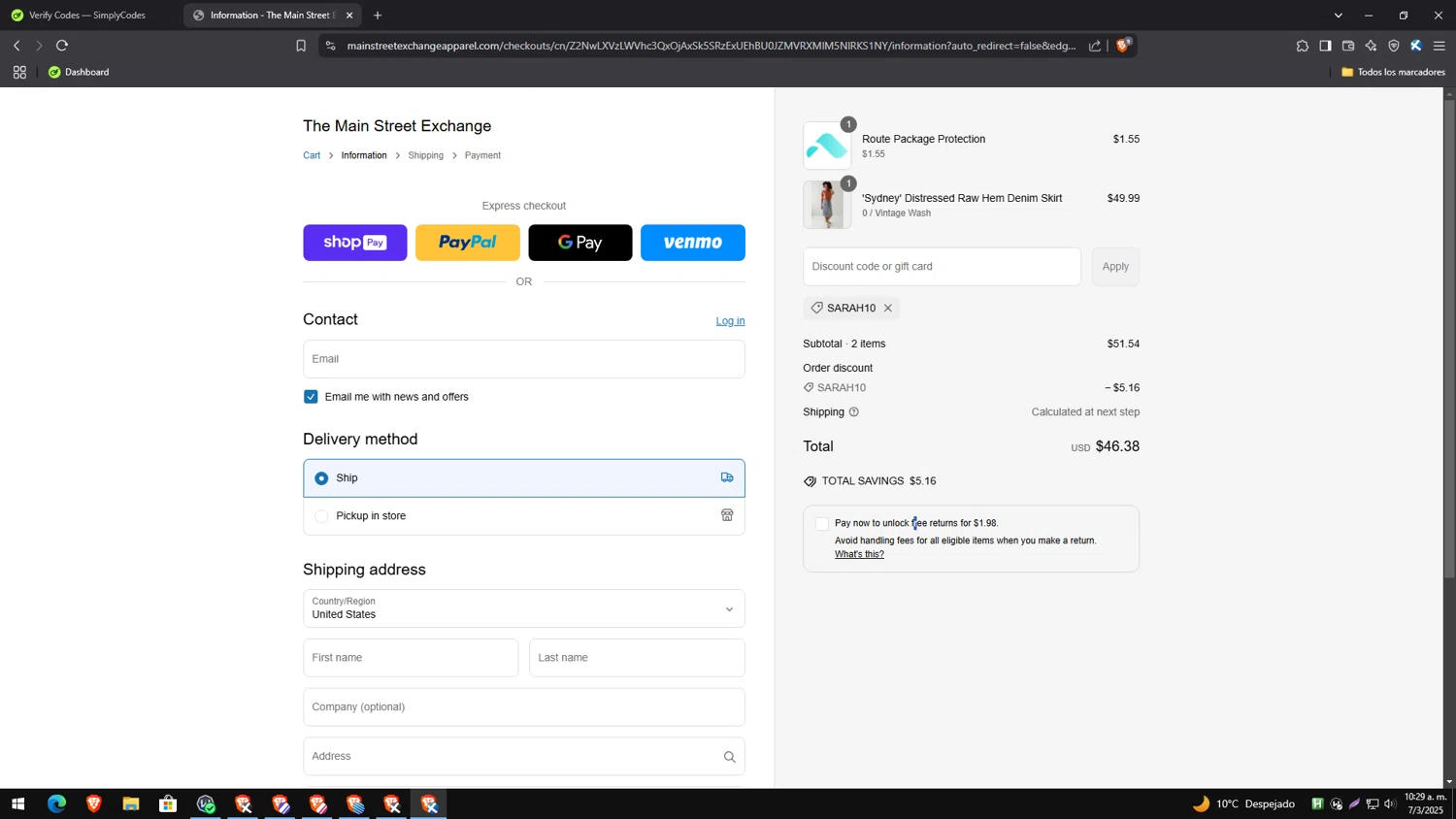 Main Street Exchange coupon code screenshot showing code SARAH10 applied at Main Street Exchange checkout page. Uploaded by SimplyCodes community member PrimeExpert2544 on Mar 7, 2025