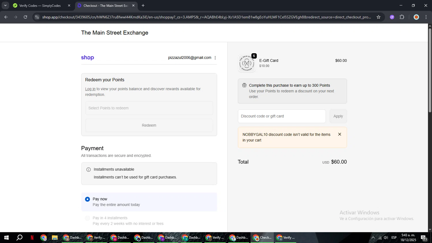 Main Street Exchange coupon code screenshot showing code NOBBYGAL10 applied at Main Street Exchange checkout page. Uploaded by SimplyCodes community member BonusCaptain9927 on Dec 18, 2025