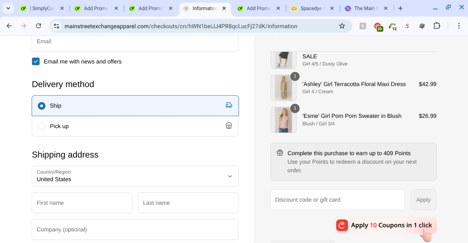 Main Street Exchange coupon code screenshot showing code NOBBYGAL10 applied at Main Street Exchange checkout page. Uploaded by SimplyCodes community member KarinaHZ on Aug 9, 2025
