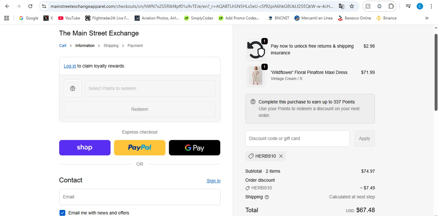 Main Street Exchange coupon code screenshot showing code HERBS10 applied at Main Street Exchange checkout page. Uploaded by SimplyCodes community member victor on Jan 26, 2026
