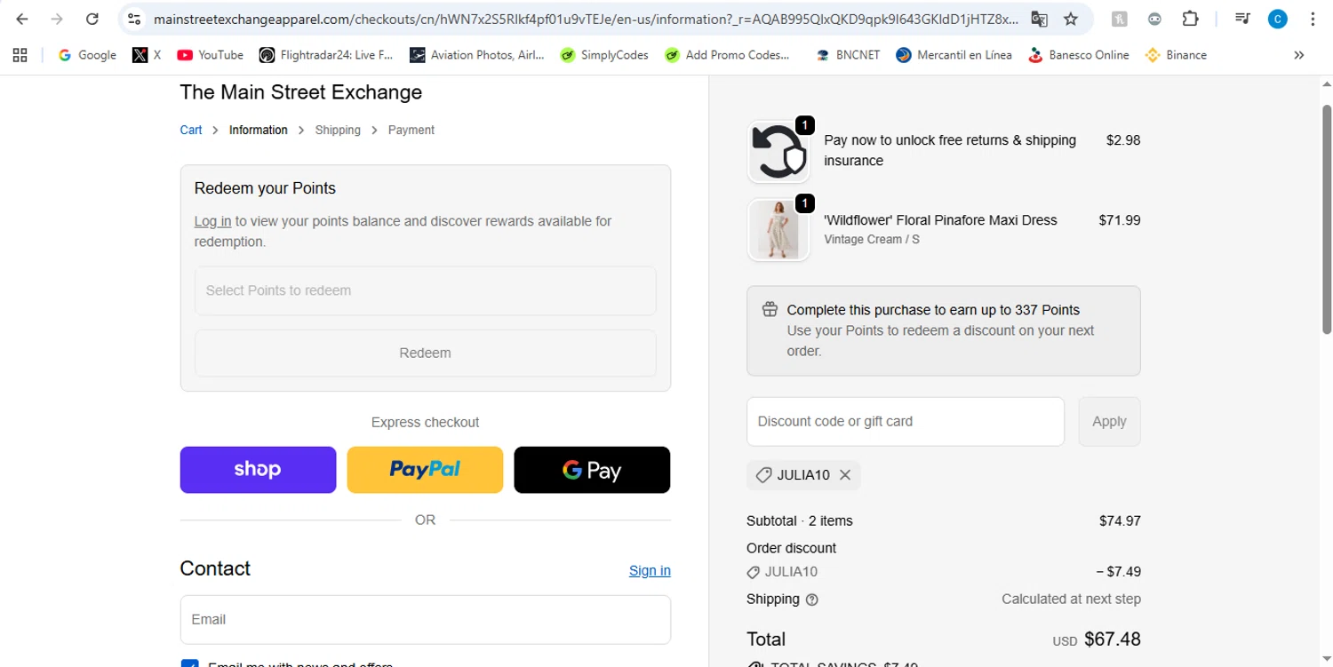 Main Street Exchange coupon code screenshot showing code JULIA10 applied at Main Street Exchange checkout page. Uploaded by SimplyCodes community member victor on Jan 23, 2026