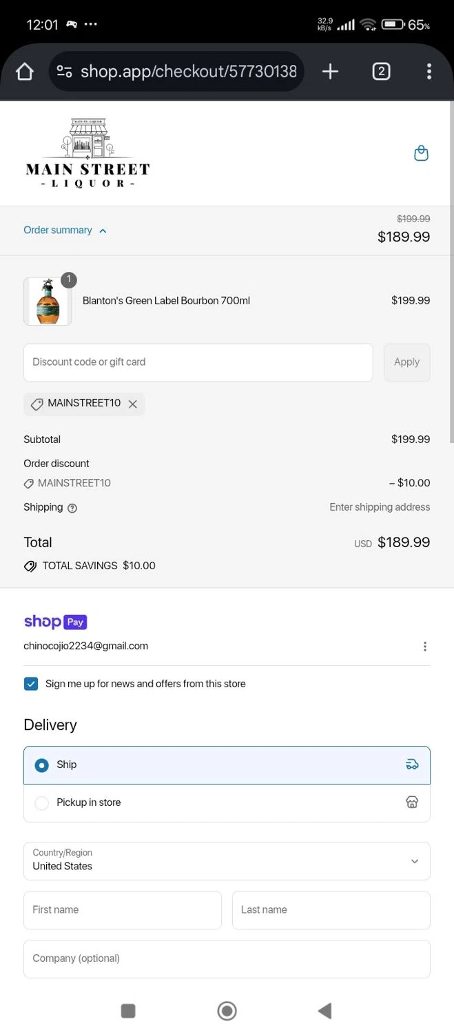 Main Street Liquor discount code screenshot showing code MAINSTREET10 applied at Main Street Liquor checkout page. Uploaded by SimplyCodes community member Lhhfhii on Jul 15, 2025