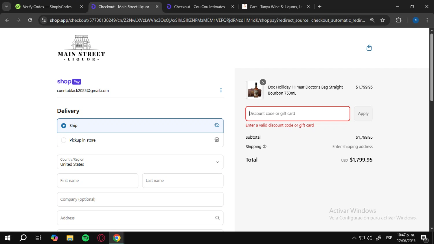 Main Street Liquor discount code screenshot showing code CODE10 applied at Main Street Liquor checkout page. Uploaded by SimplyCodes community member ELCELESTE on Jun 13, 2025