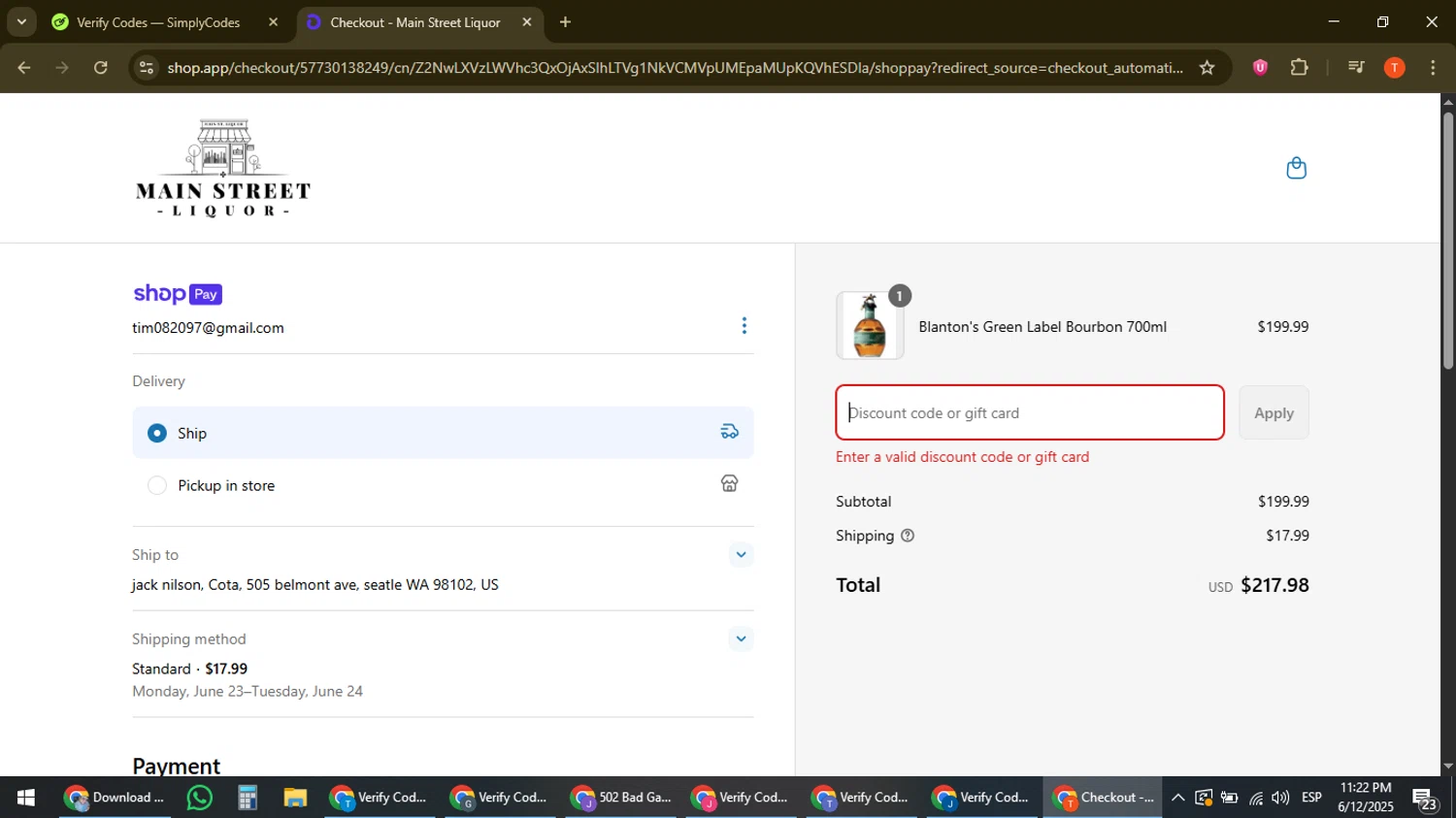 Main Street Liquor discount code screenshot showing code CODE10 applied at Main Street Liquor checkout page. Uploaded by SimplyCodes community member ShrewdAce8338 on Jun 13, 2025