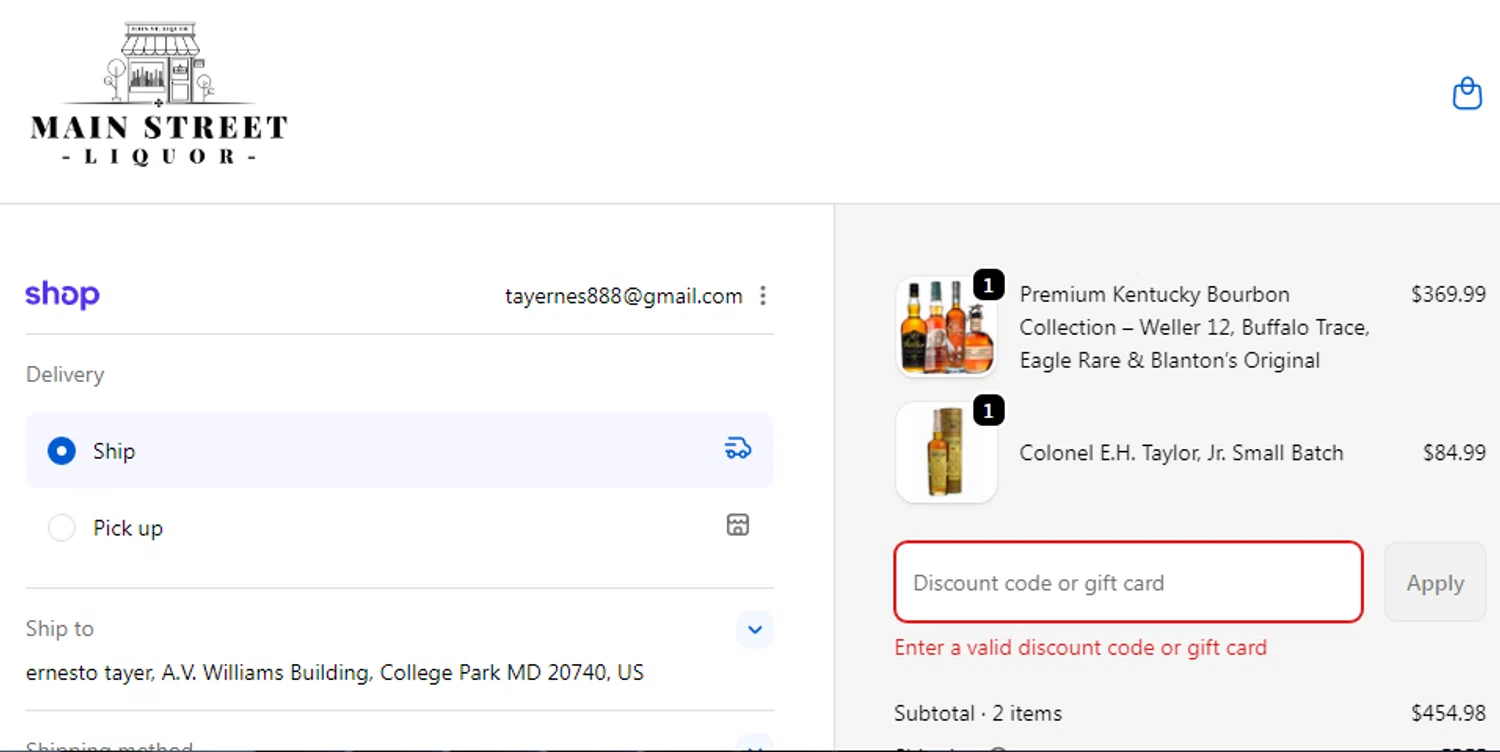 Main Street Liquor discount code screenshot showing code BF50 applied at Main Street Liquor checkout page. Uploaded by SimplyCodes community member CURTIS on Nov 30, 2025