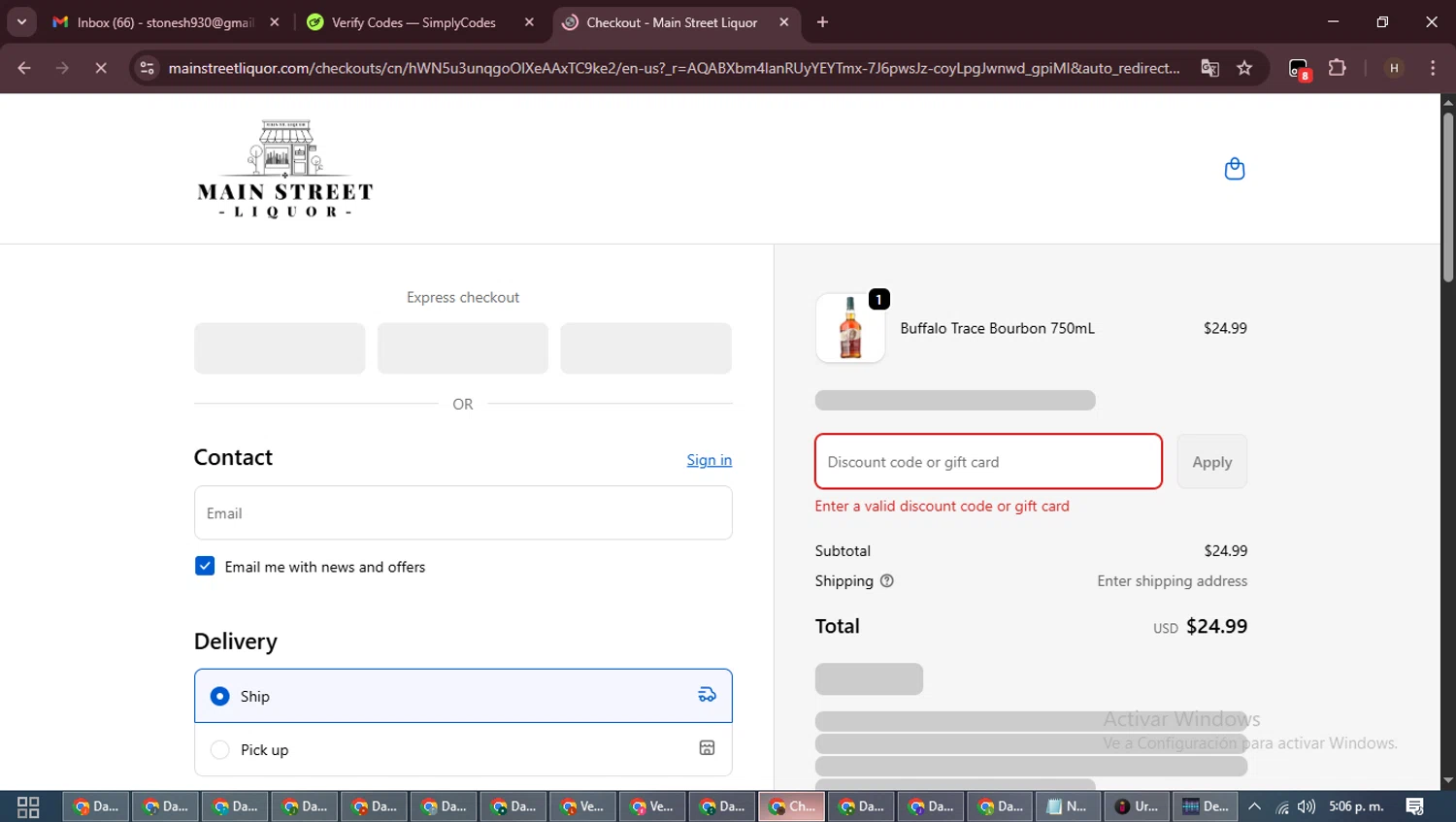 Main Street Liquor discount code screenshot showing code BF200 applied at Main Street Liquor checkout page. Uploaded by SimplyCodes community member VictoriousPioneer8823 on Nov 30, 2025