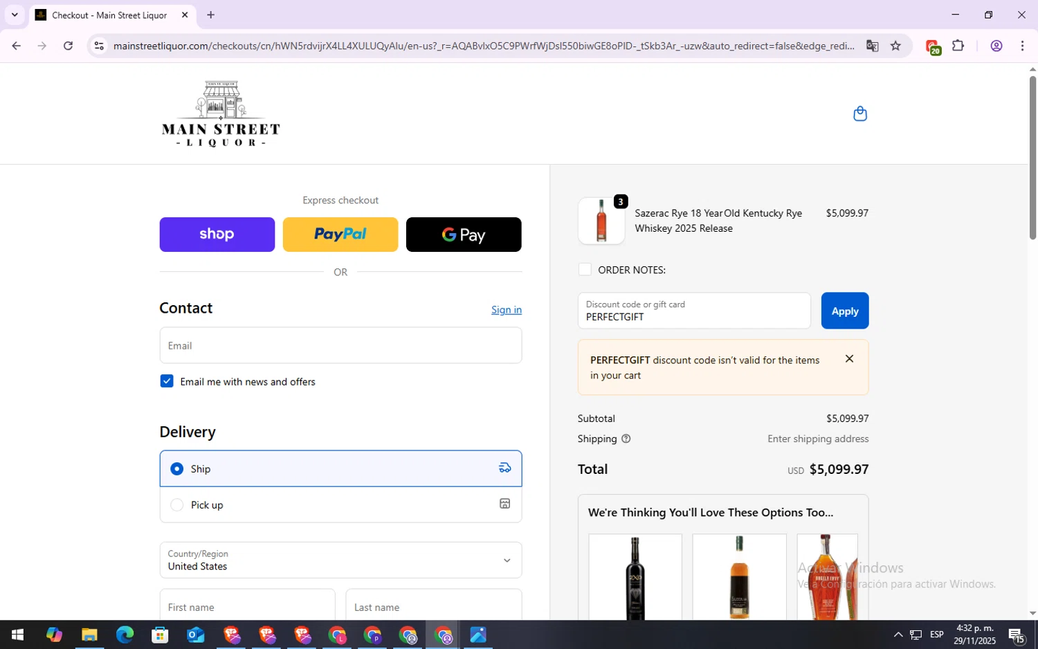 Main Street Liquor discount code screenshot showing code PERFECTGIFT applied at Main Street Liquor checkout page. Uploaded by SimplyCodes community member Repollito18 on Nov 29, 2025