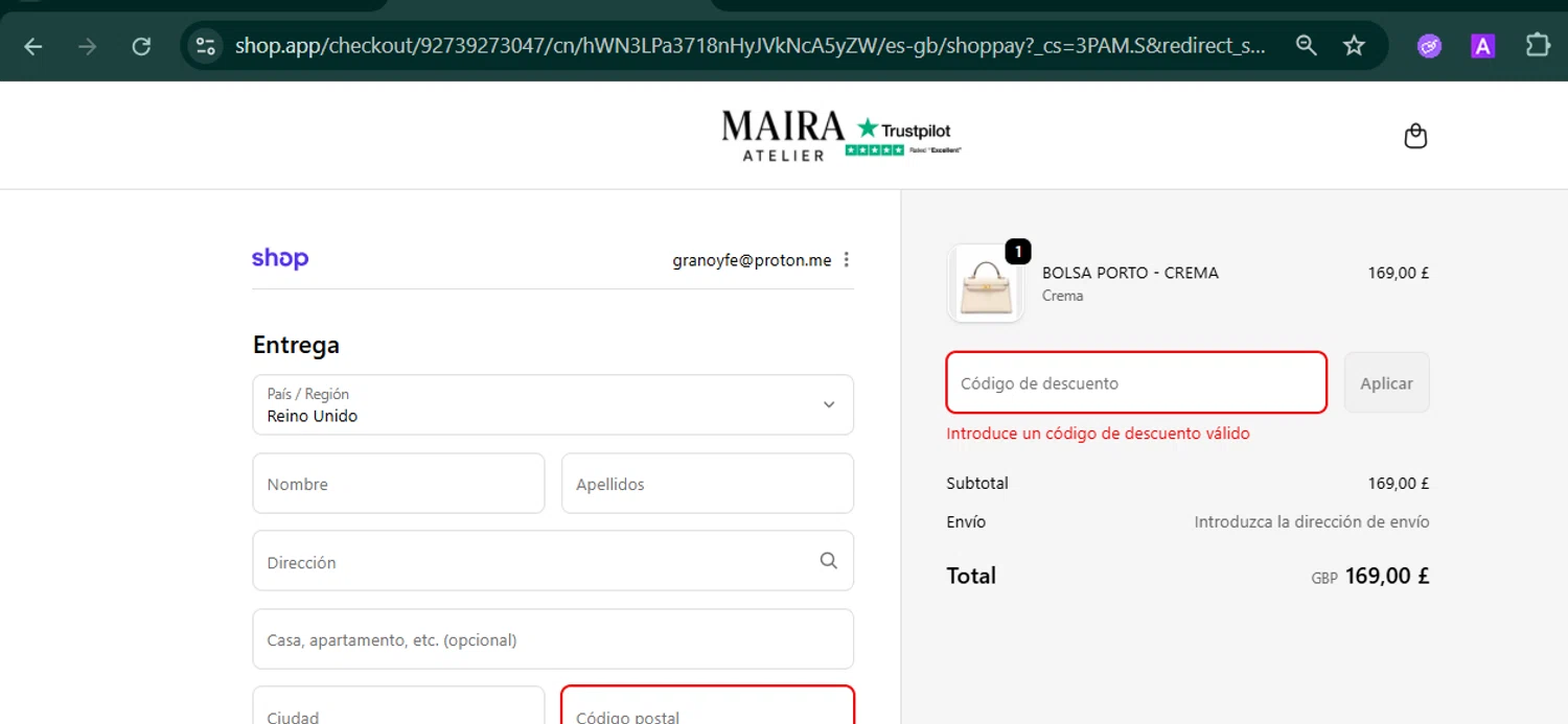 Maira Atelier promo code screenshot showing code WELCOME applied at Maira Atelier checkout page. Uploaded by SimplyCodes community member MARCVH on Sep 24, 2025