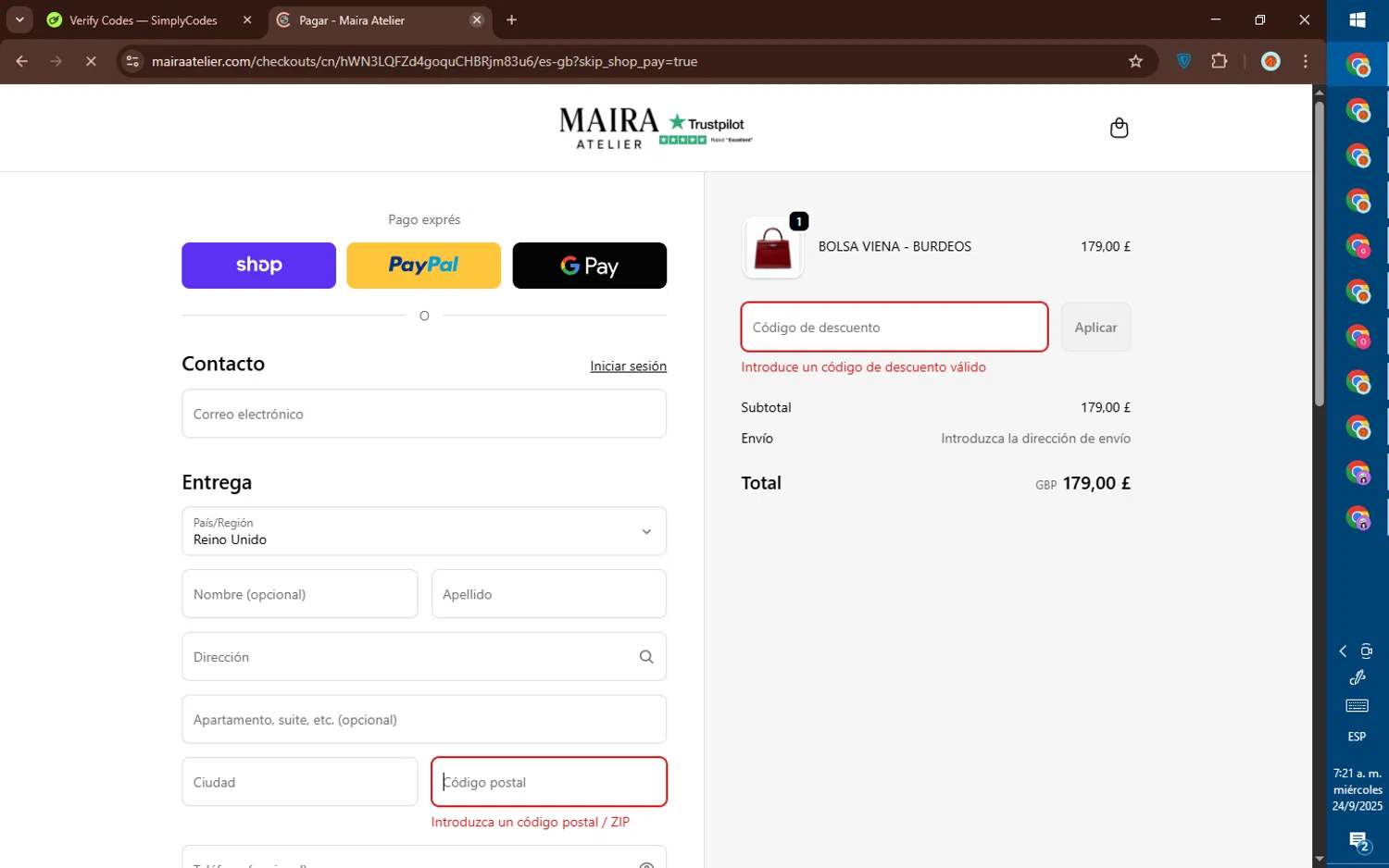 Maira Atelier promo code screenshot showing code WELCOME applied at Maira Atelier checkout page. Uploaded by SimplyCodes community member DealElite4728 on Sep 24, 2025