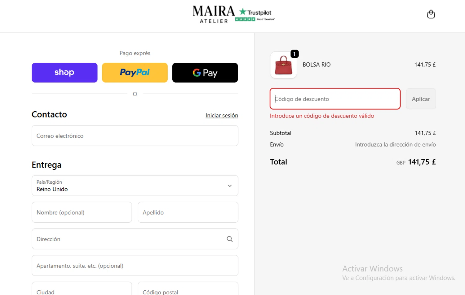 Maira Atelier promo code screenshot showing code YOUR30 applied at Maira Atelier checkout page. Uploaded by SimplyCodes community member Gary_23 on Oct 6, 2025