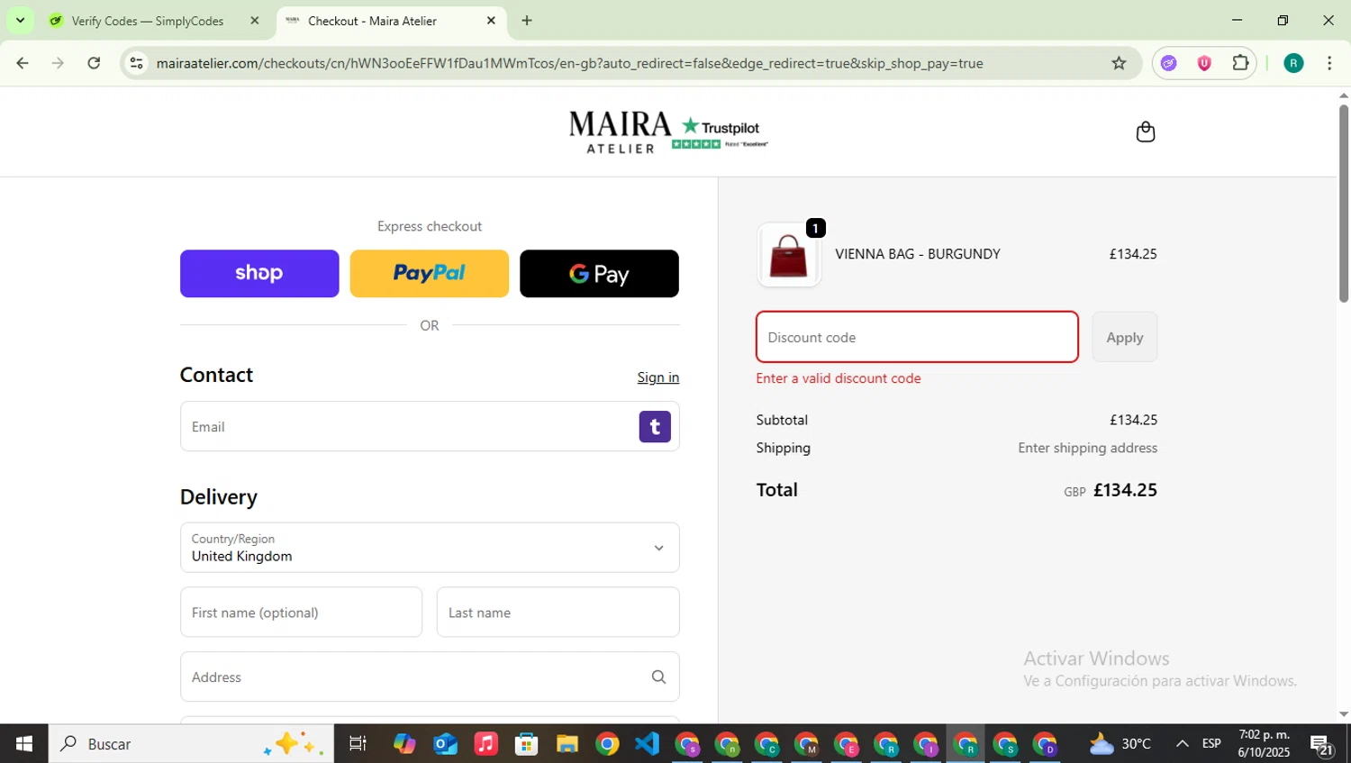 Maira Atelier promo code screenshot showing code YOUR30 applied at Maira Atelier checkout page. Uploaded by SimplyCodes community member SavingsLegend387 on Oct 6, 2025