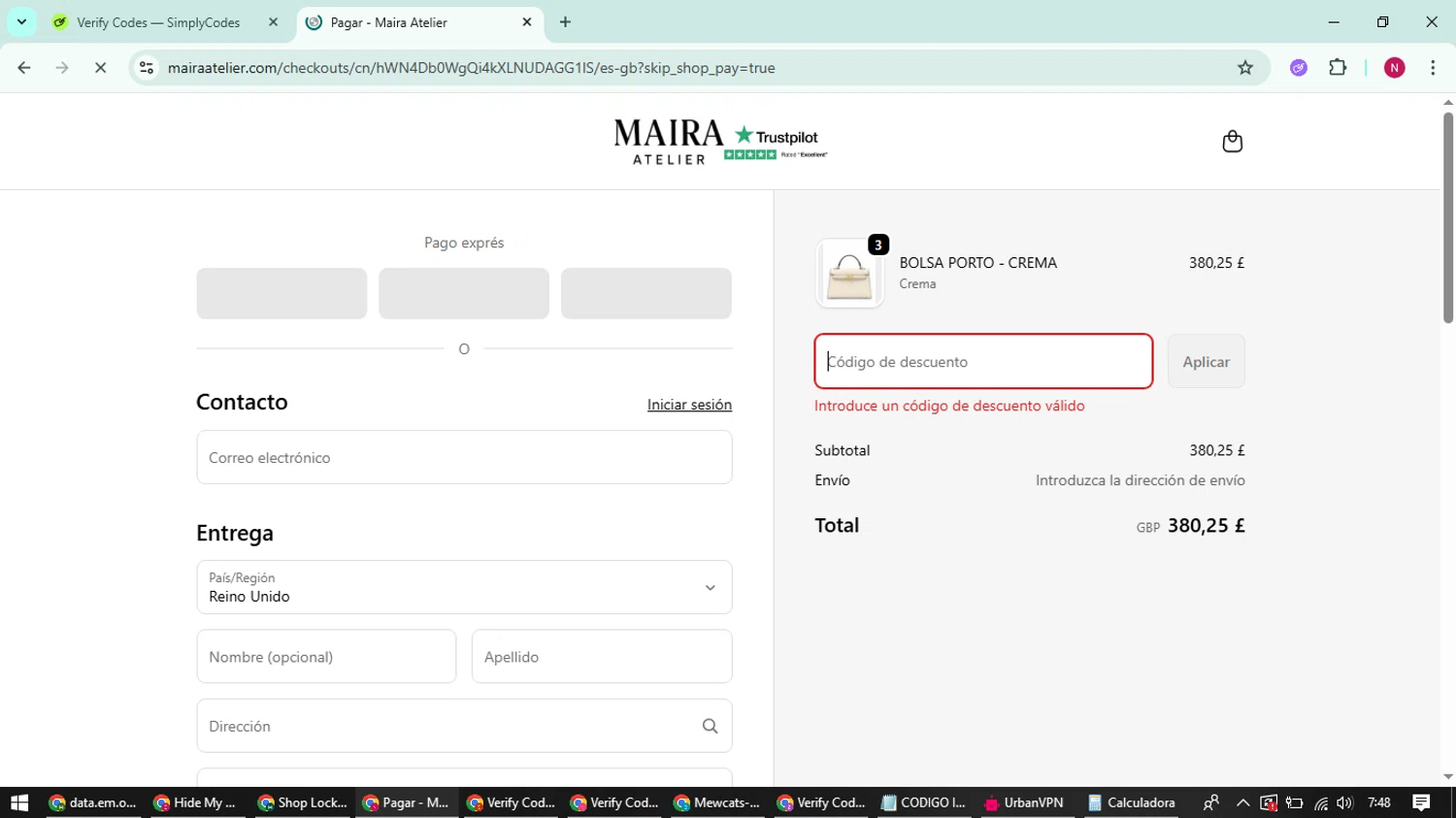 Maira Atelier promo code screenshot showing code get20 applied at Maira Atelier checkout page. Uploaded by SimplyCodes community member CoinWizard8578 on Oct 17, 2025