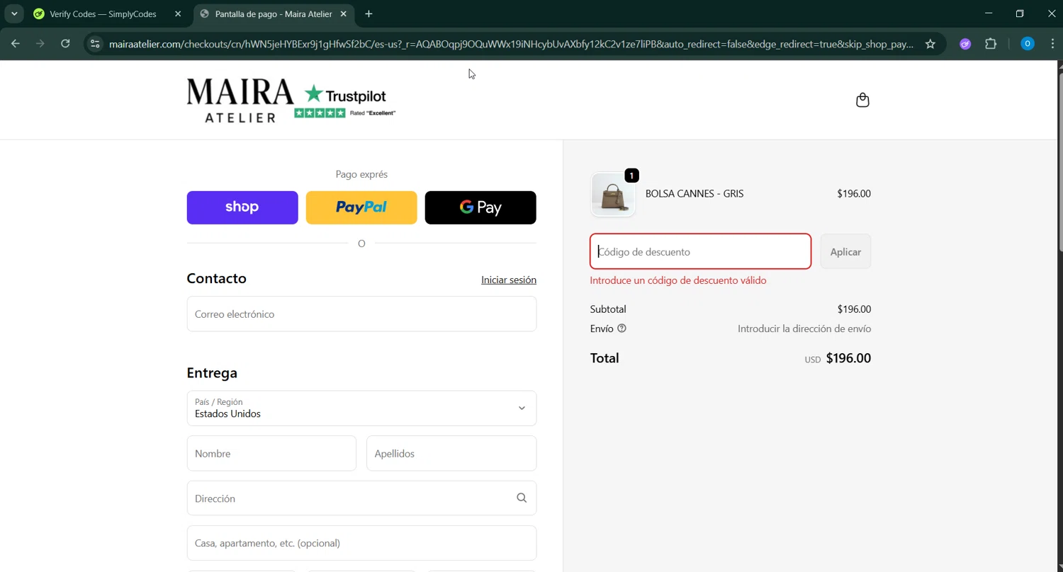 Maira Atelier promo code screenshot showing code 9BJ3NZ56 applied at Maira Atelier checkout page. Uploaded by SimplyCodes community member _____________ on Nov 26, 2025