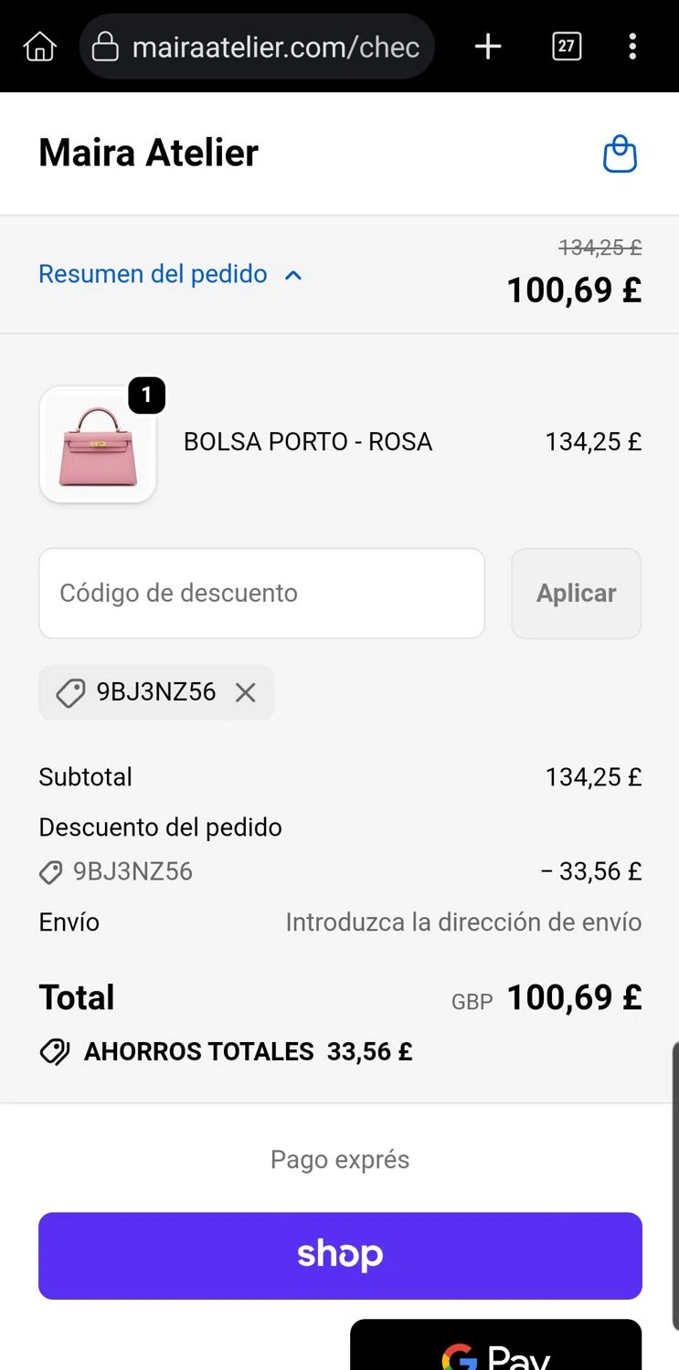 Maira Atelier checkout page showing Maira Atelier promo code box | Screenshot taken by SimplyCodes community member on Oct 28, 2025