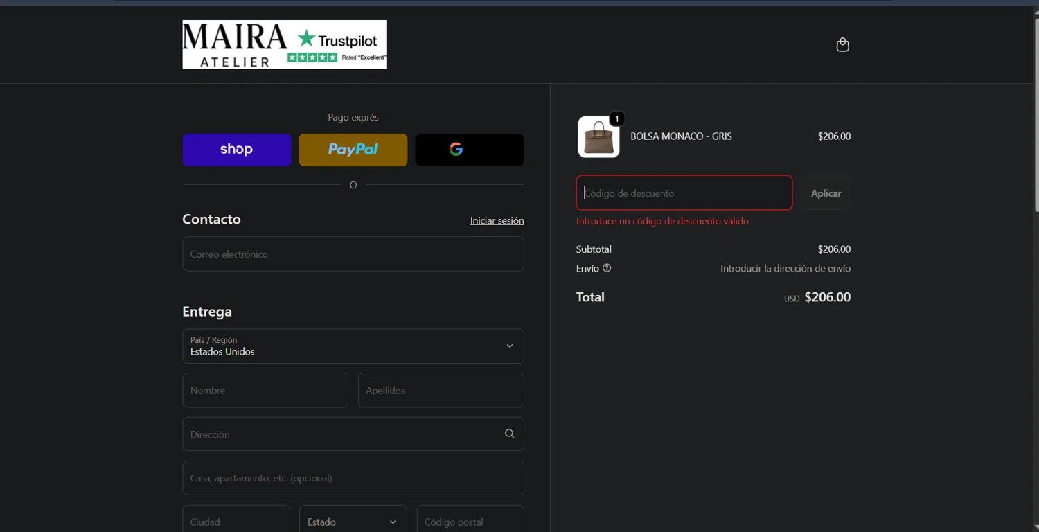 Maira Atelier promo code screenshot showing code 9BJ3NZ56 applied at Maira Atelier checkout page. Uploaded by SimplyCodes community member Ray_YNN on Nov 26, 2025