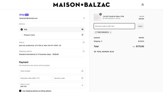 Maison Balzac checkout page showing Maison Balzac discount code box | Screenshot taken by SimplyCodes community member on Jan 20, 2025