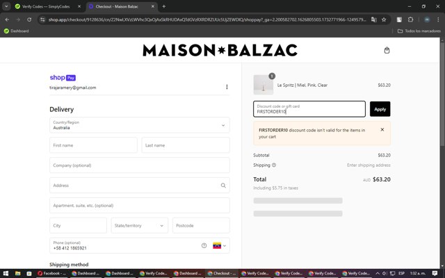 Maison Balzac checkout page showing Maison Balzac discount code box | Screenshot taken by SimplyCodes community member on Nov 28, 2024